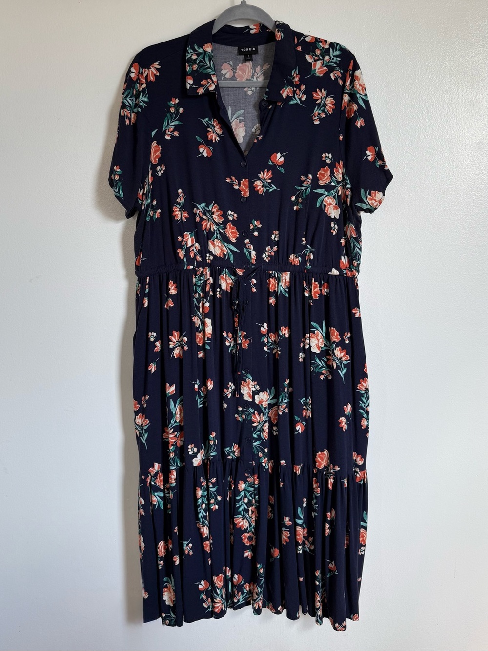 torrid Navy Floral Midi Dress with Coral & Cream Blooms